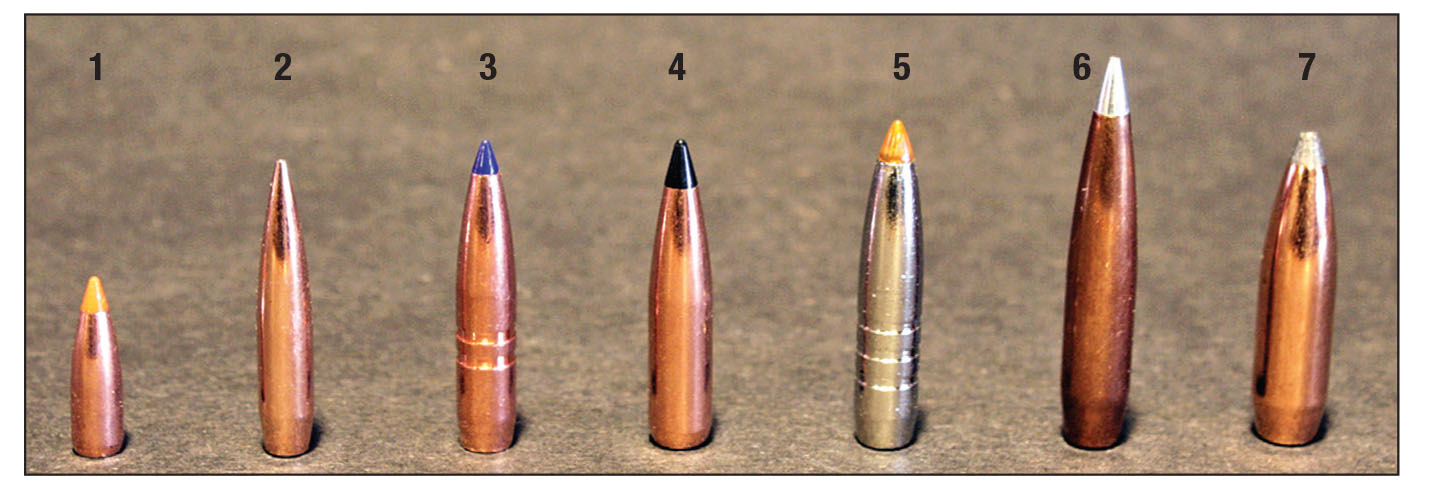 Today’s bullet companies make boat-tail bullets in a wide variety of constructions for uses from targets to varmint and big-game hunting. From left, (1) Nosler .224 50-grain Ballistic Tip, (2) Berger 6mm 115-grain VLD, (3) Barnes 6.5mm 127-grain LRX, (4) Swift 7mm 150-grain Scirocco II, (5) Federal 7mm 160-grain Trophy Bonded Tip, (6) Hornady 230-grain .308 A-Tip, (7) Sierra .338 250-grain GameKing.